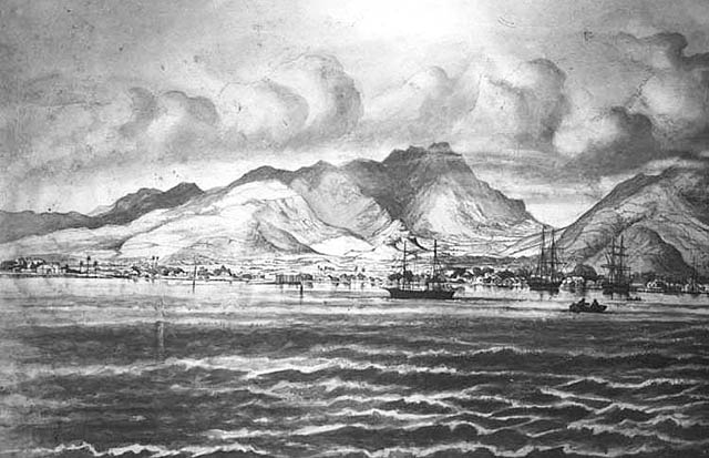 Tall ships in Pearl Harbor, 1870