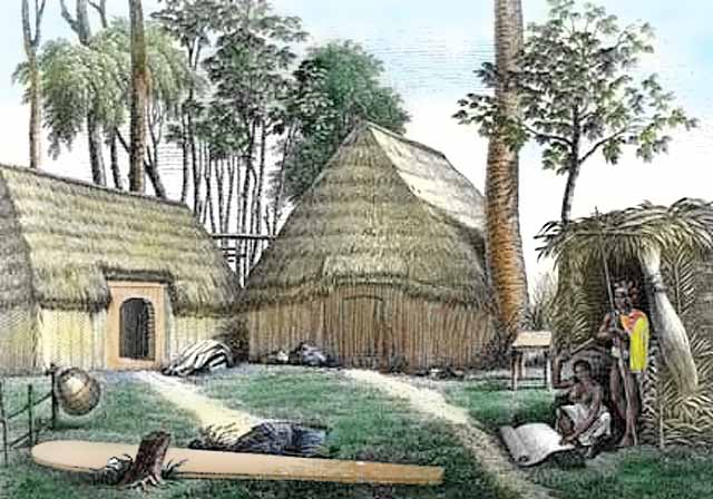 Hawaiian village scene in 1819